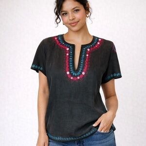 Ted Baker London Charcoal Gray Embroidered Short Sleeve Peasant Top